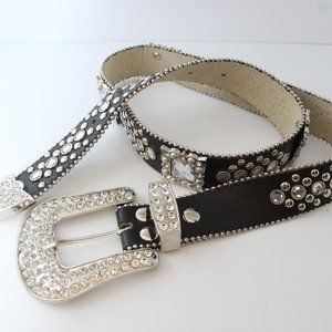 Western Women's Belt Brown Leather Square Rhinestone Conchos And Crystal Bling ~